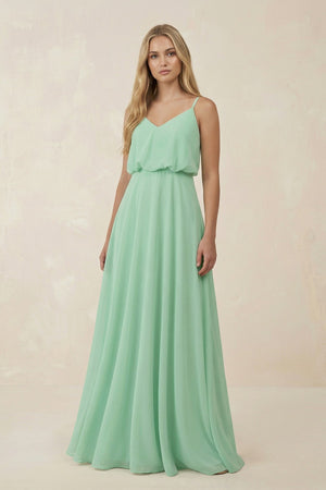 V-Neck Blouson A-Line Chiffon Bridesmaid Dress in Pale Pistachio - KISS BRIDAL BRIDESMAID DRESSES