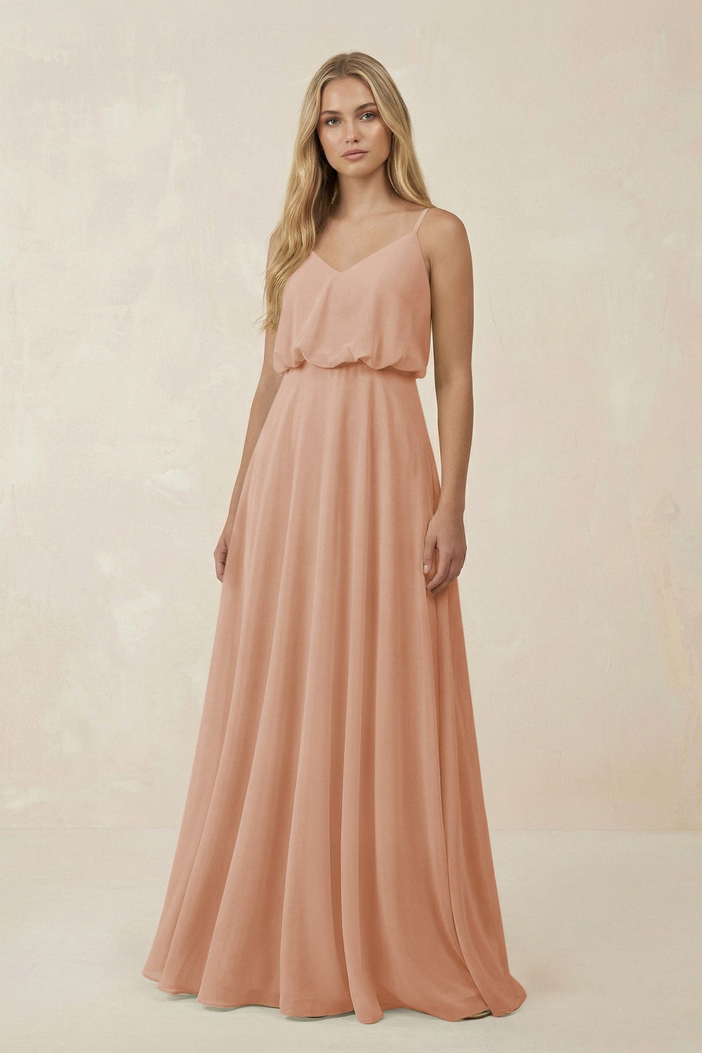 V-Neck Blouson A-Line Chiffon Bridesmaid Dress in Champagne Rose