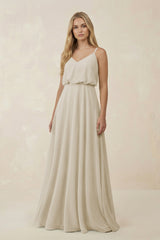 V - Neck Blouson A - Line Chiffon Bridesmaid Dress in Dove Gray - KISS BRIDAL Bridesmaid Dresses