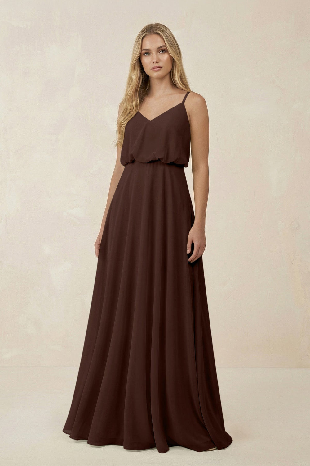 V-Neck Blouson A-Line Chiffon Bridesmaid Dress in Espresso