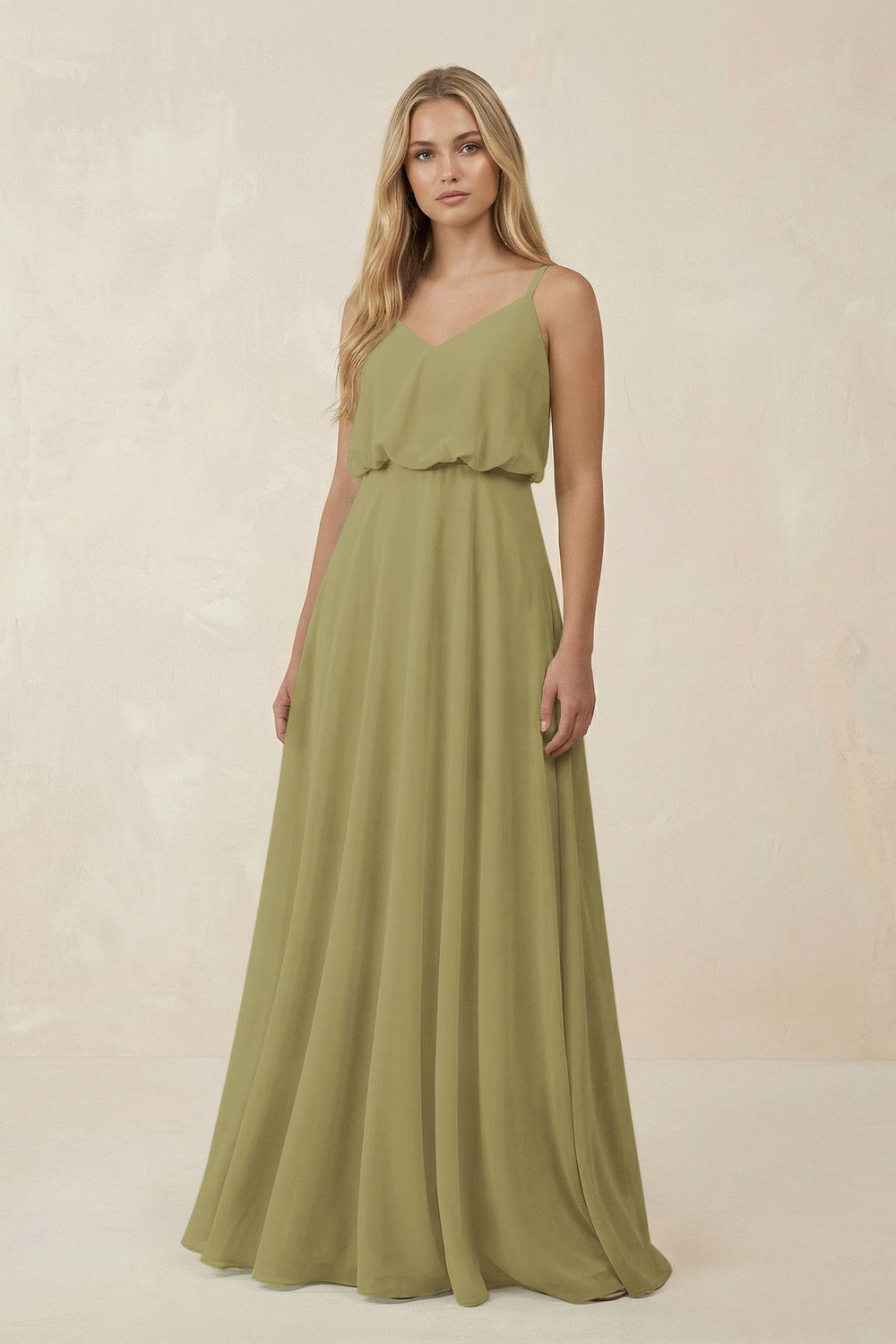 V-Neck Blouson A-Line Chiffon Bridesmaid Dress in Moss Green