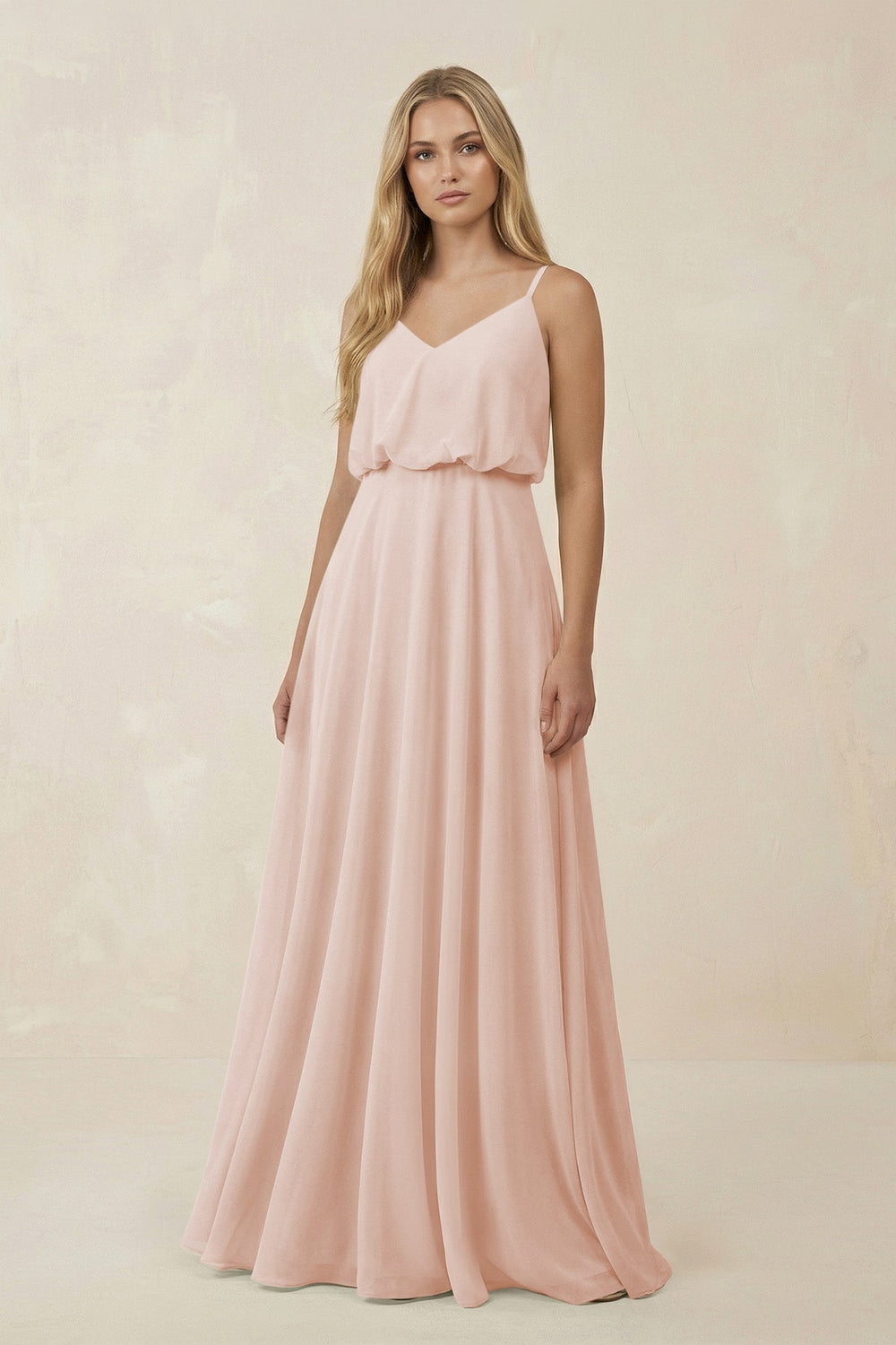 V-Neck Blouson A-Line Chiffon Bridesmaid Dress in Pale Blush