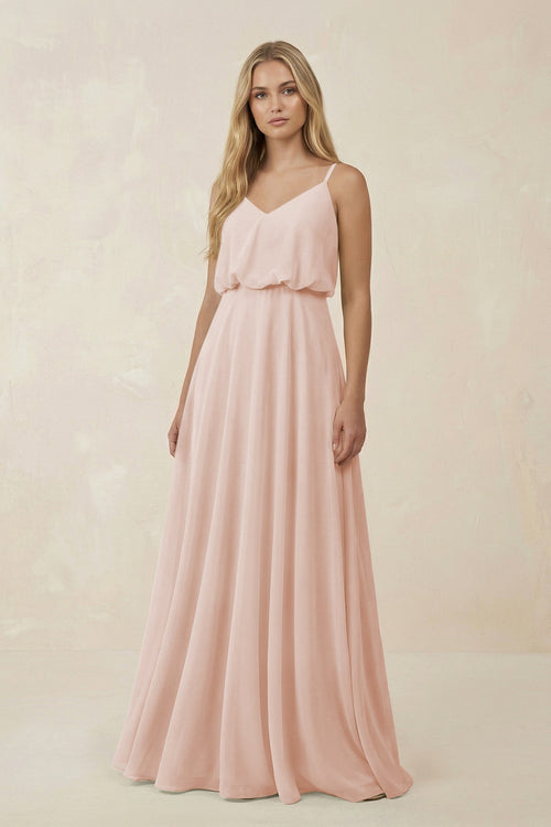 V - Neck Blouson A - Line Chiffon Bridesmaid Dress in Pale Blush - KISS BRIDAL Bridesmaid Dresses