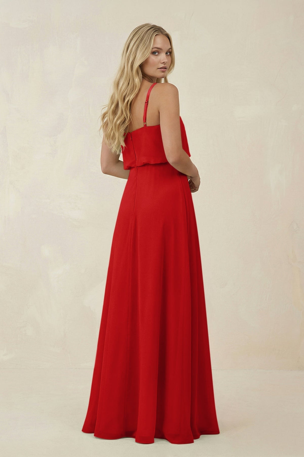 V-Neck Blouson A-Line Chiffon Bridesmaid Dress in Ruby Red