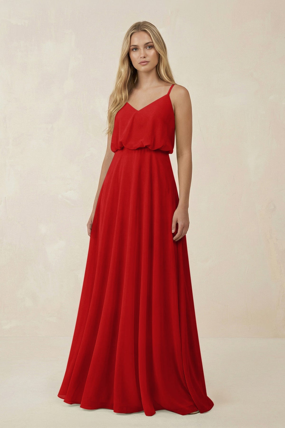 V-Neck Blouson A-Line Chiffon Bridesmaid Dress in Ruby Red