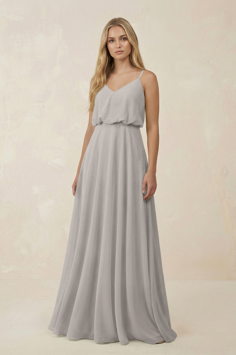 V-Neck Blouson A-Line Chiffon Bridesmaid Dress in Silver