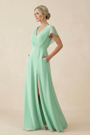 V-Neck Cap Sleeve Chiffon Bridesmaid Dress with Cut-out Back in Pale Pistachio - KISS BRIDAL BRIDESMAID DRESSES