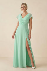 V-Neck Cap Sleeve Chiffon Bridesmaid Dress with Cut-out Back in Pale Pistachio - KISS BRIDAL BRIDESMAID DRESSES