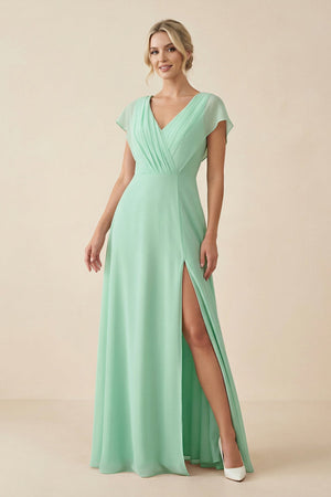 V-Neck Cap Sleeve Chiffon Bridesmaid Dress with Cut-out Back in Pale Pistachio - KISS BRIDAL BRIDESMAID DRESSES