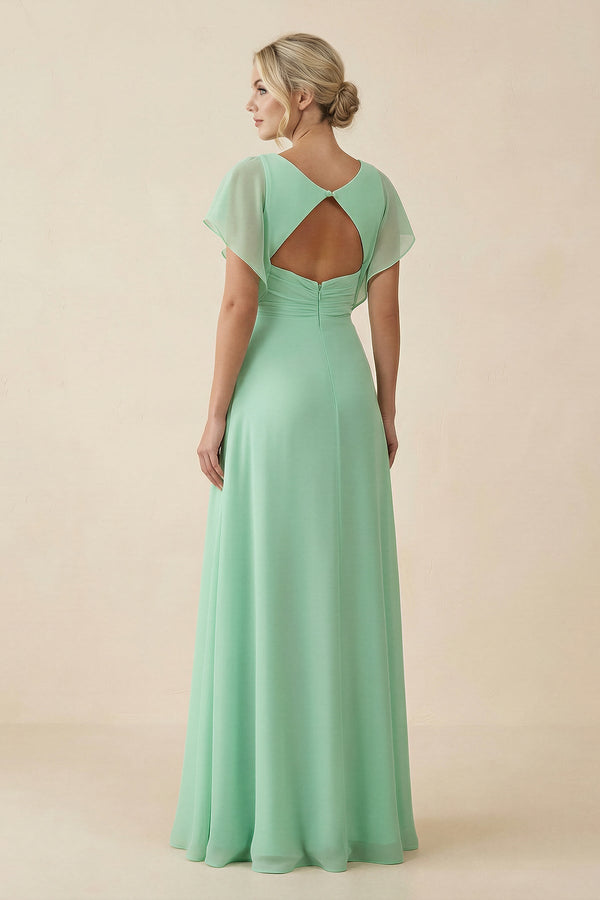 V-Neck Cap Sleeve Chiffon Bridesmaid Dress with Cut-out Back in Pale Pistachio - KISS BRIDAL BRIDESMAID DRESSES