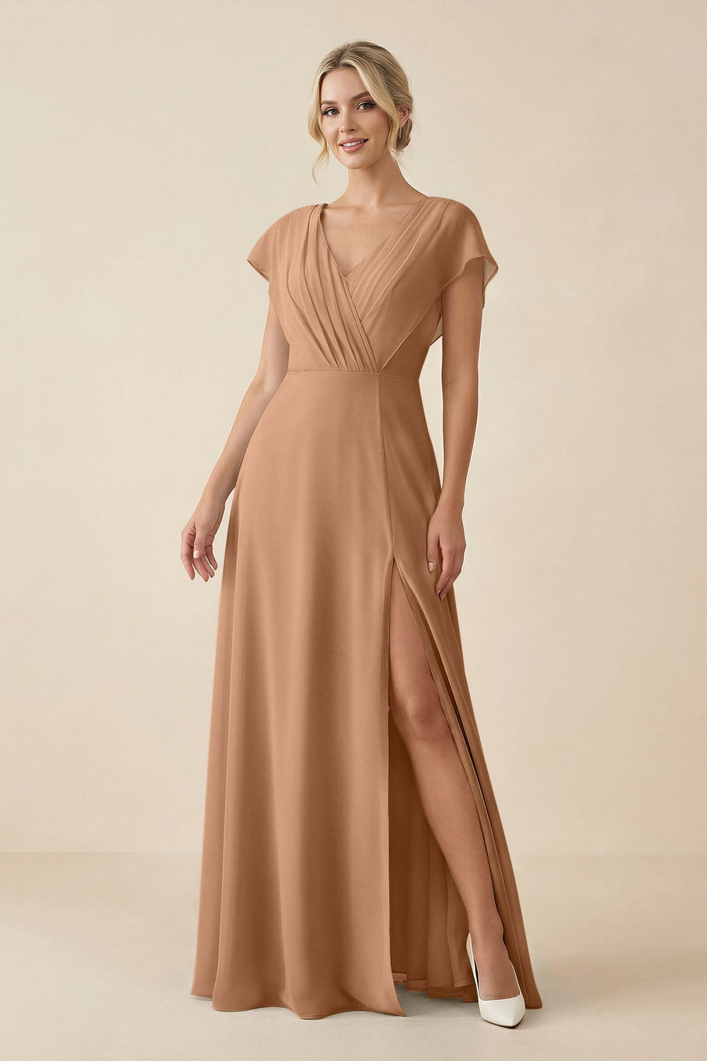 V-Neck Cap Sleeve Chiffon Bridesmaid Dress with Cut-out Back in Bronzer
