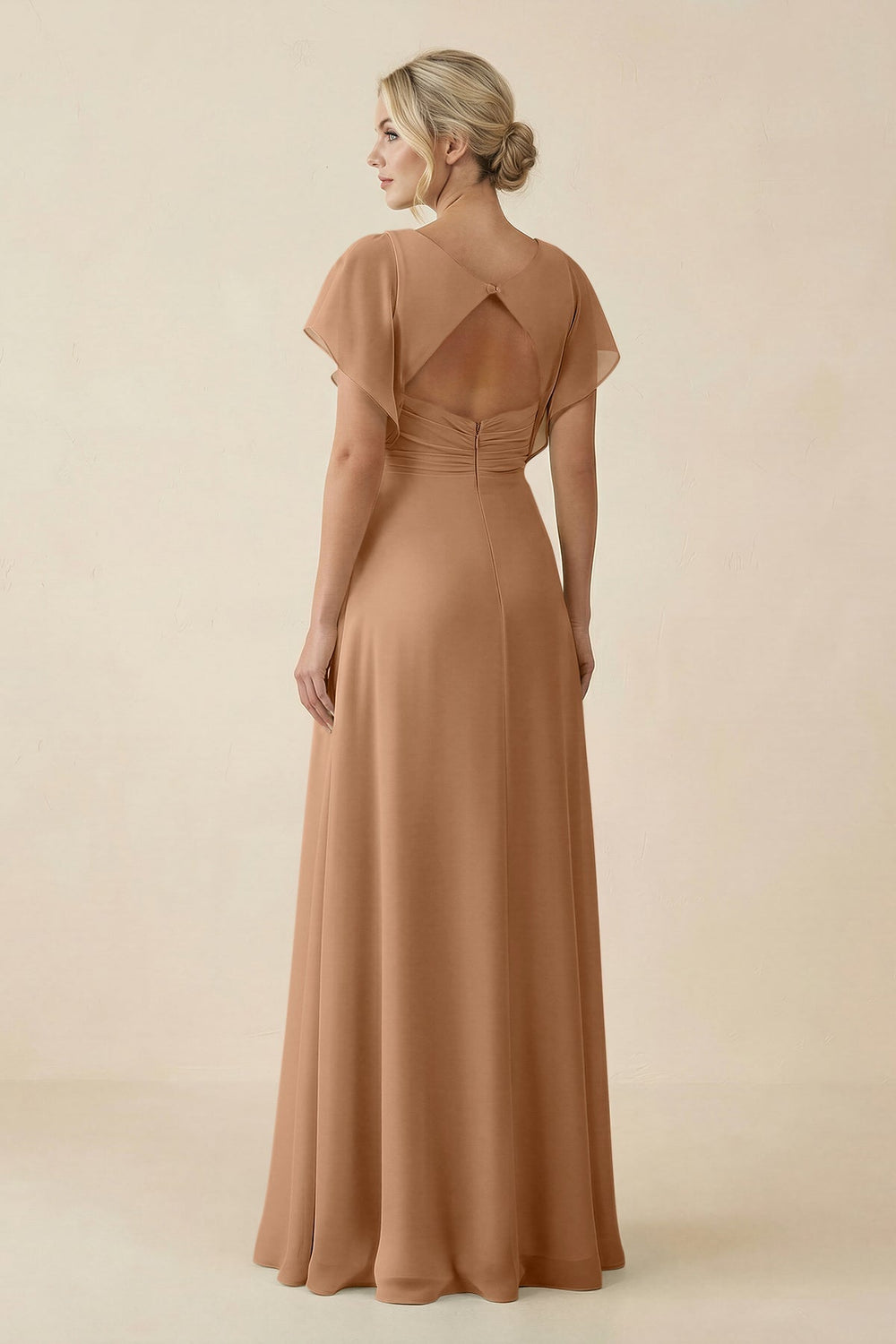 V-Neck Cap Sleeve Chiffon Bridesmaid Dress with Cut-out Back in Bronzer