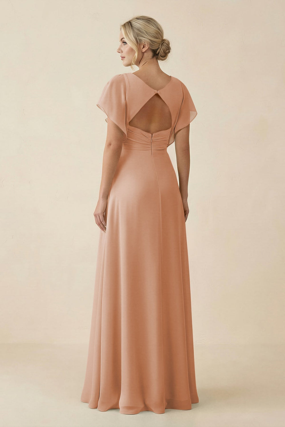 V-Neck Cap Sleeve Chiffon Bridesmaid Dress with Cut-out Back in Champagne Rose