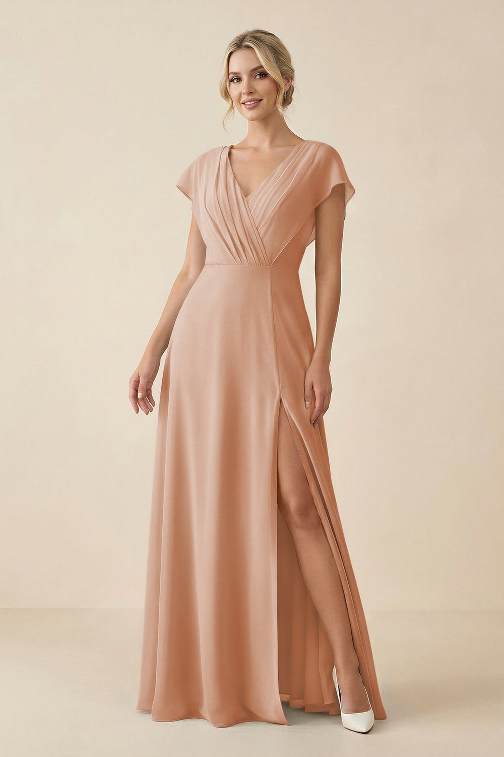 V-Neck Cap Sleeve Chiffon Bridesmaid Dress with Cut-out Back in Champagne Rose