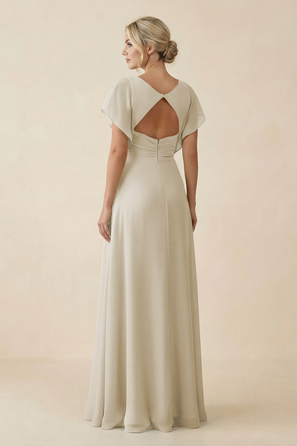 V-Neck Cap Sleeve Chiffon Bridesmaid Dress with Cut-out Back in Dove Gray