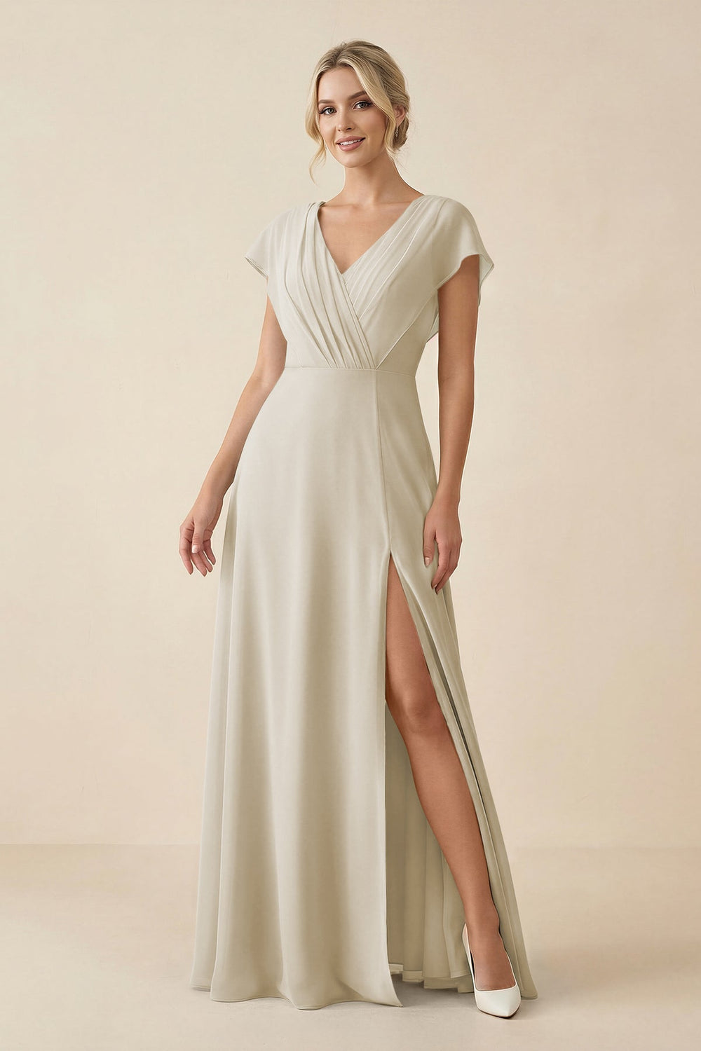 V-Neck Cap Sleeve Chiffon Bridesmaid Dress with Cut-out Back in Dove Gray