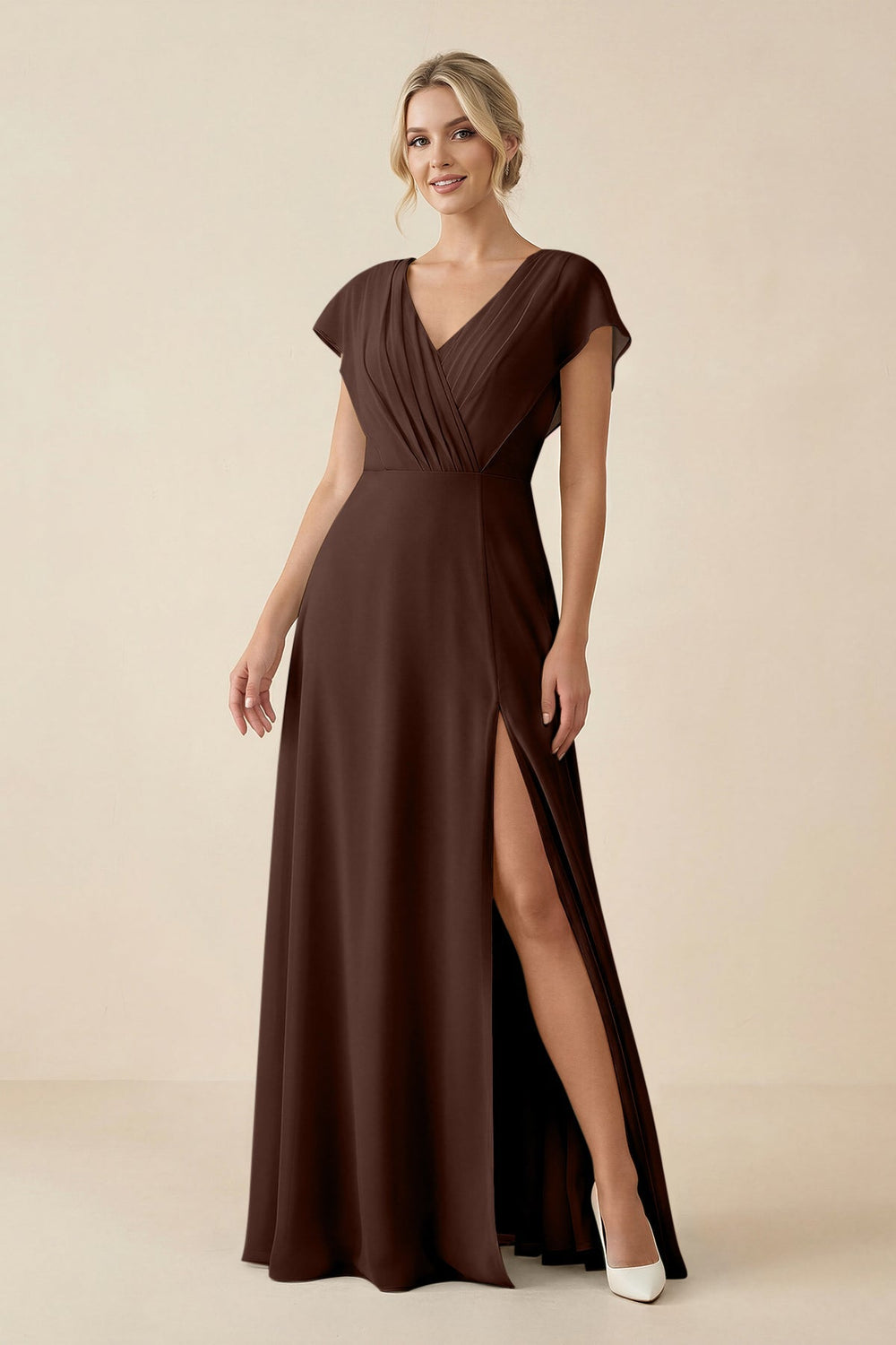 V-Neck Cap Sleeve Chiffon Bridesmaid Dress with Cut-out Back in Espresso