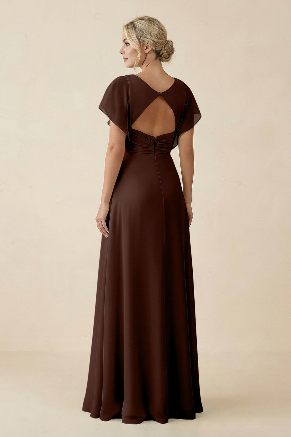 V-Neck Cap Sleeve Chiffon Bridesmaid Dress with Cut-out Back in Espresso