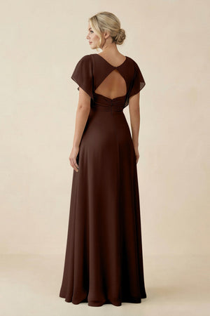V - Neck Cap Sleeve Chiffon Bridesmaid Dress with Cut - out Back in Espresso - KISS BRIDAL Bridesmaid Dresses