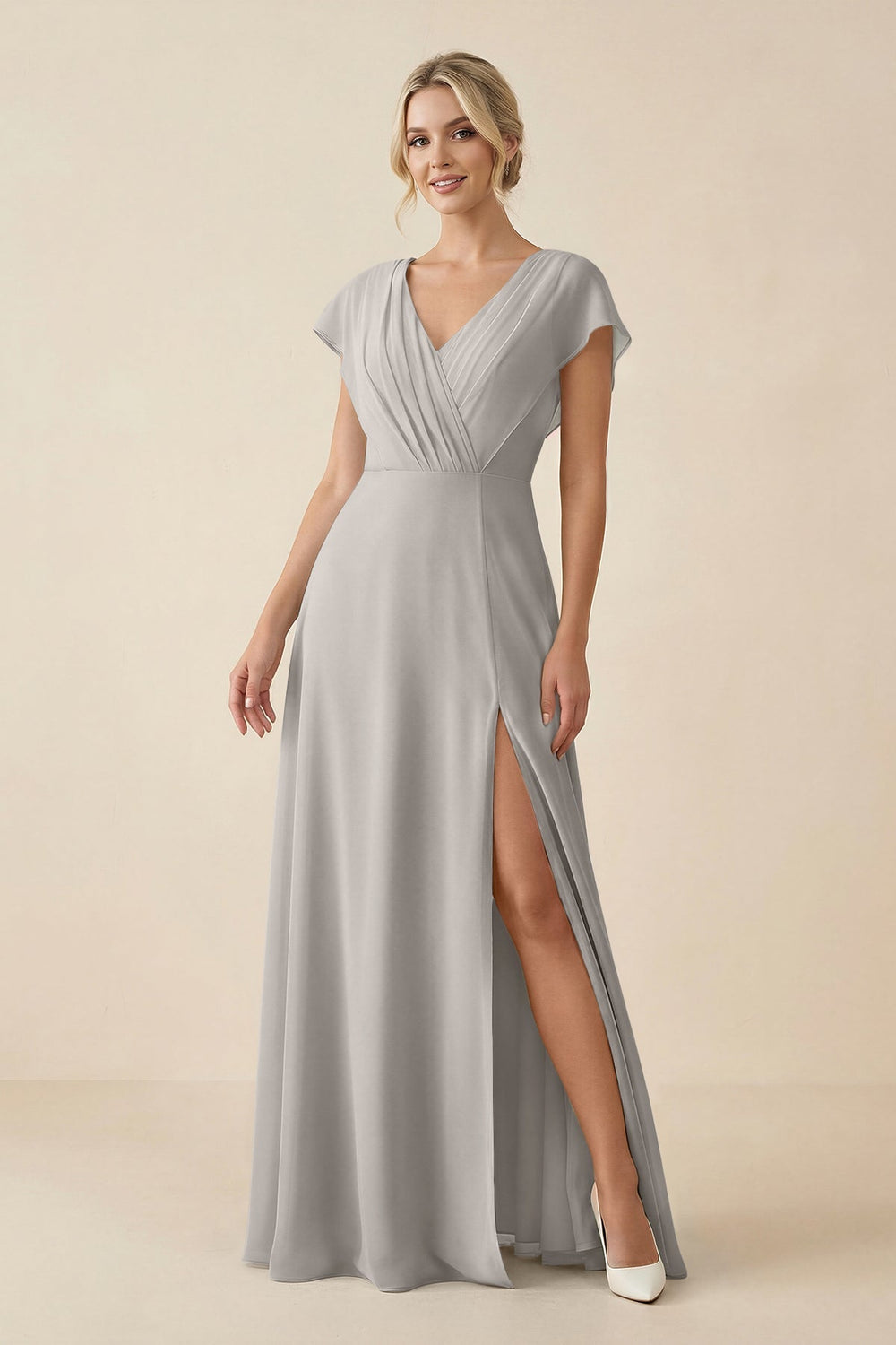 V-Neck Cap Sleeve Chiffon Bridesmaid Dress with Cut-out Back in Silver