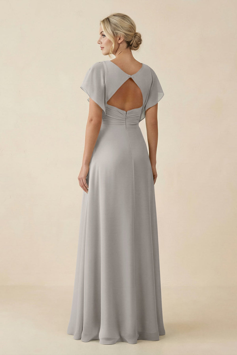 V-Neck Cap Sleeve Chiffon Bridesmaid Dress with Cut-out Back in Silver