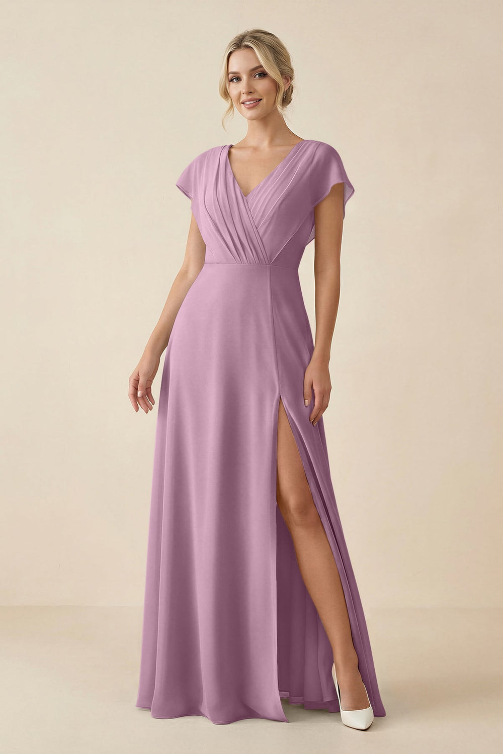V-Neck Cap Sleeve Chiffon Bridesmaid Dress with Cut-out Back in Wisteria