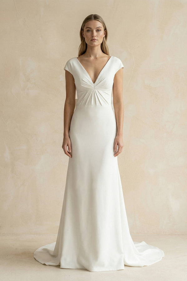 V - Neck Cap Sleeve Mermaid Ruched Satin Wedding Dress in White - KISS BRIDAL Wedding Dresses