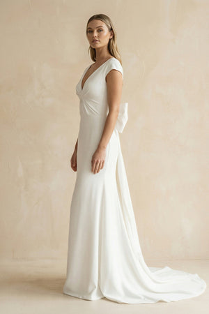 V - Neck Cap Sleeve Mermaid Ruched Satin Wedding Dress in White - KISS BRIDAL Wedding Dresses