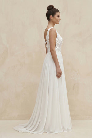 V - Neck Chiffon A - Line Appliqued Wedding Dress in White - KISS BRIDAL Wedding Dresses