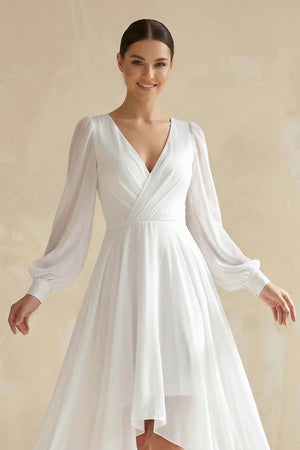 V - Neck Chiffon A - Line Asymmetrical Wedding Dress in White - KISS BRIDAL Wedding Dresses