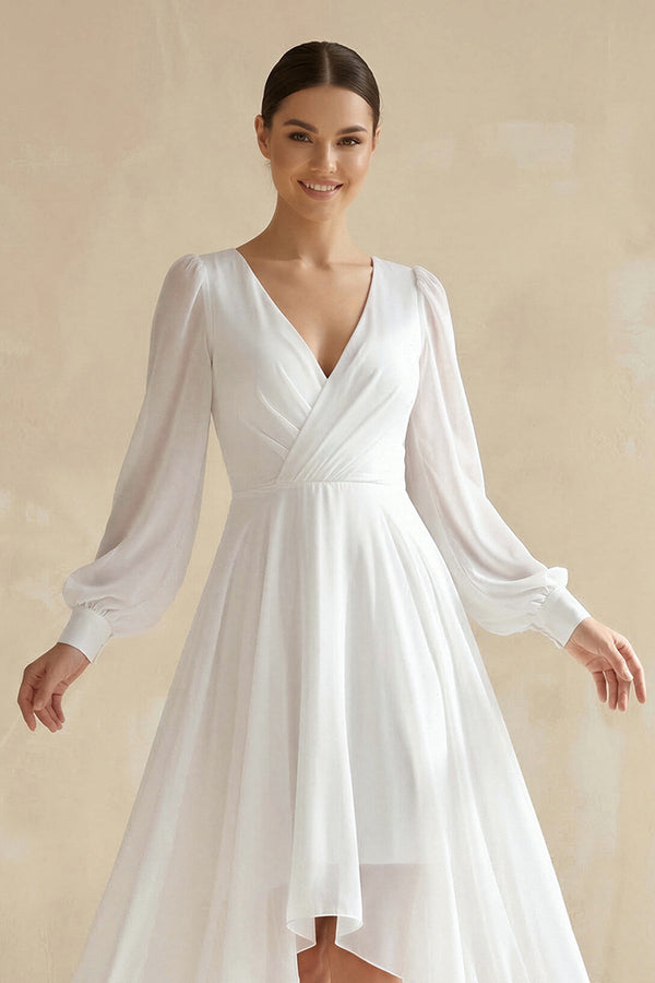 V - Neck Chiffon A - Line Asymmetrical Wedding Dress in White - KISS BRIDAL Wedding Dresses