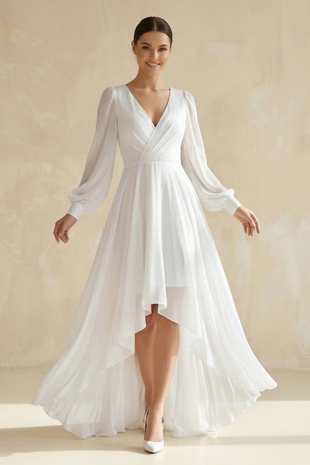 V-Neck Chiffon A-Line Asymmetrical Wedding Dress in White