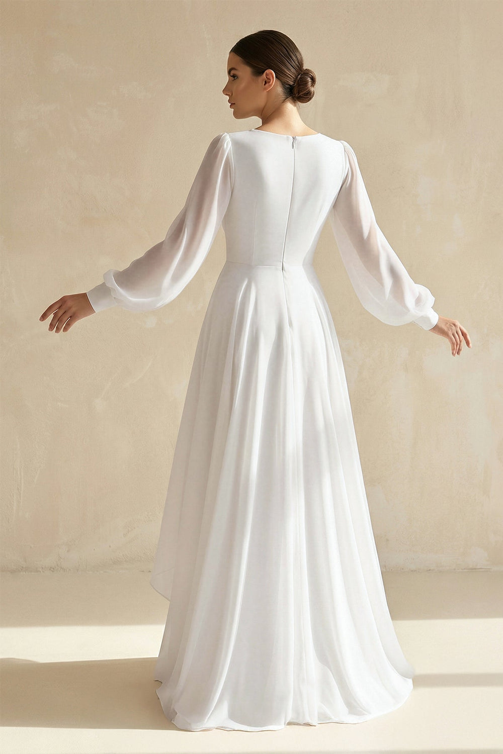 V-Neck Chiffon A-Line Asymmetrical Wedding Dress in White