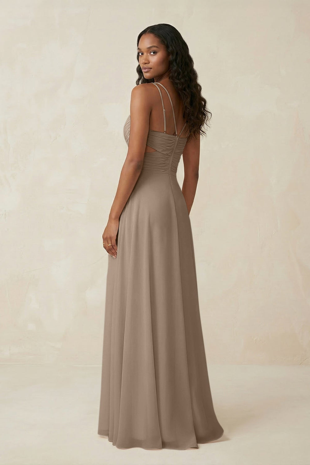 V-Neck Chiffon A-Line Cut-Out Bridesmaid Dress in Almond