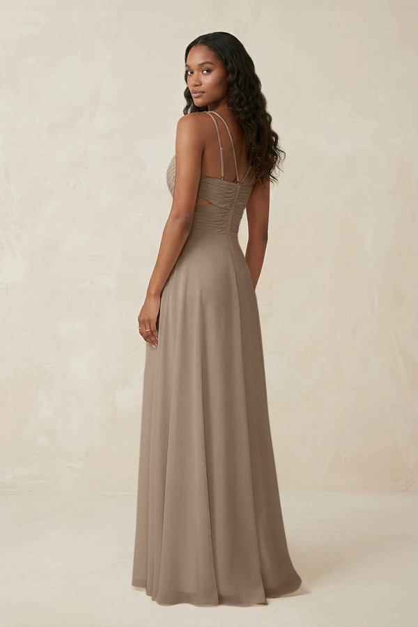 V-Neck Chiffon A-Line Cut-Out Bridesmaid Dress in Almond (2) | KISSBRIDAL