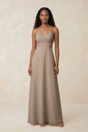 V-Neck Chiffon A-Line Cut-Out Bridesmaid Dress in Almond | KISSBRIDAL