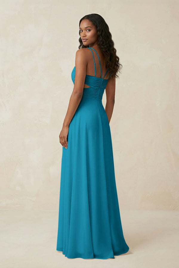 V - Neck Chiffon A - Line Cut - Out Bridesmaid Dress in Blue Jay - KISS BRIDAL Bridesmaid Dresses