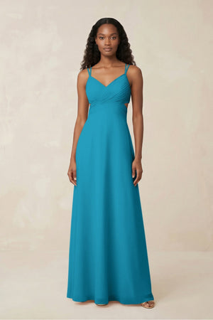 V - Neck Chiffon A - Line Cut - Out Bridesmaid Dress in Blue Jay - KISS BRIDAL Bridesmaid Dresses
