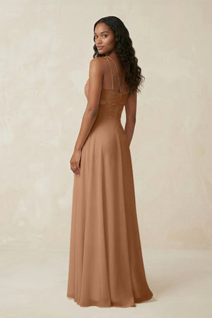 V - Neck Chiffon A - Line Cut - Out Bridesmaid Dress in Bronzer - KISS BRIDAL Bridesmaid Dresses