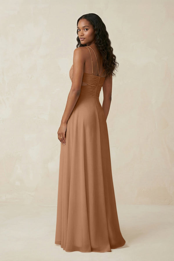 V - Neck Chiffon A - Line Cut - Out Bridesmaid Dress in Bronzer - KISS BRIDAL Bridesmaid Dresses