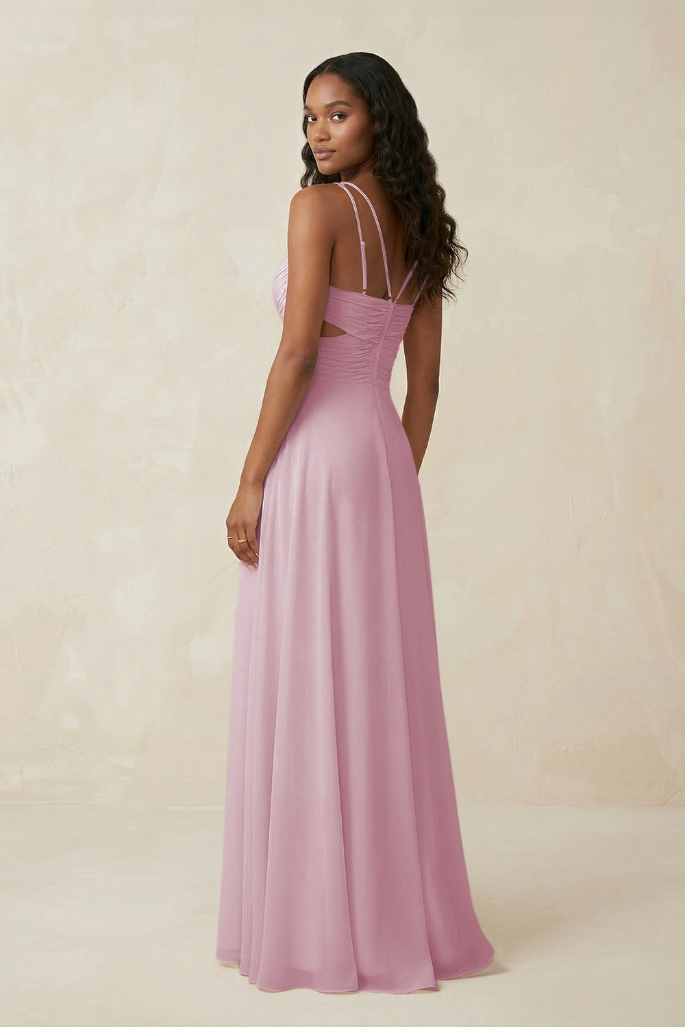 V-Neck Chiffon A-Line Cut-Out Bridesmaid Dress in Candy Pink