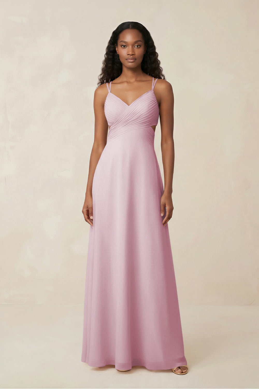 V-Neck Chiffon A-Line Cut-Out Bridesmaid Dress in Candy Pink