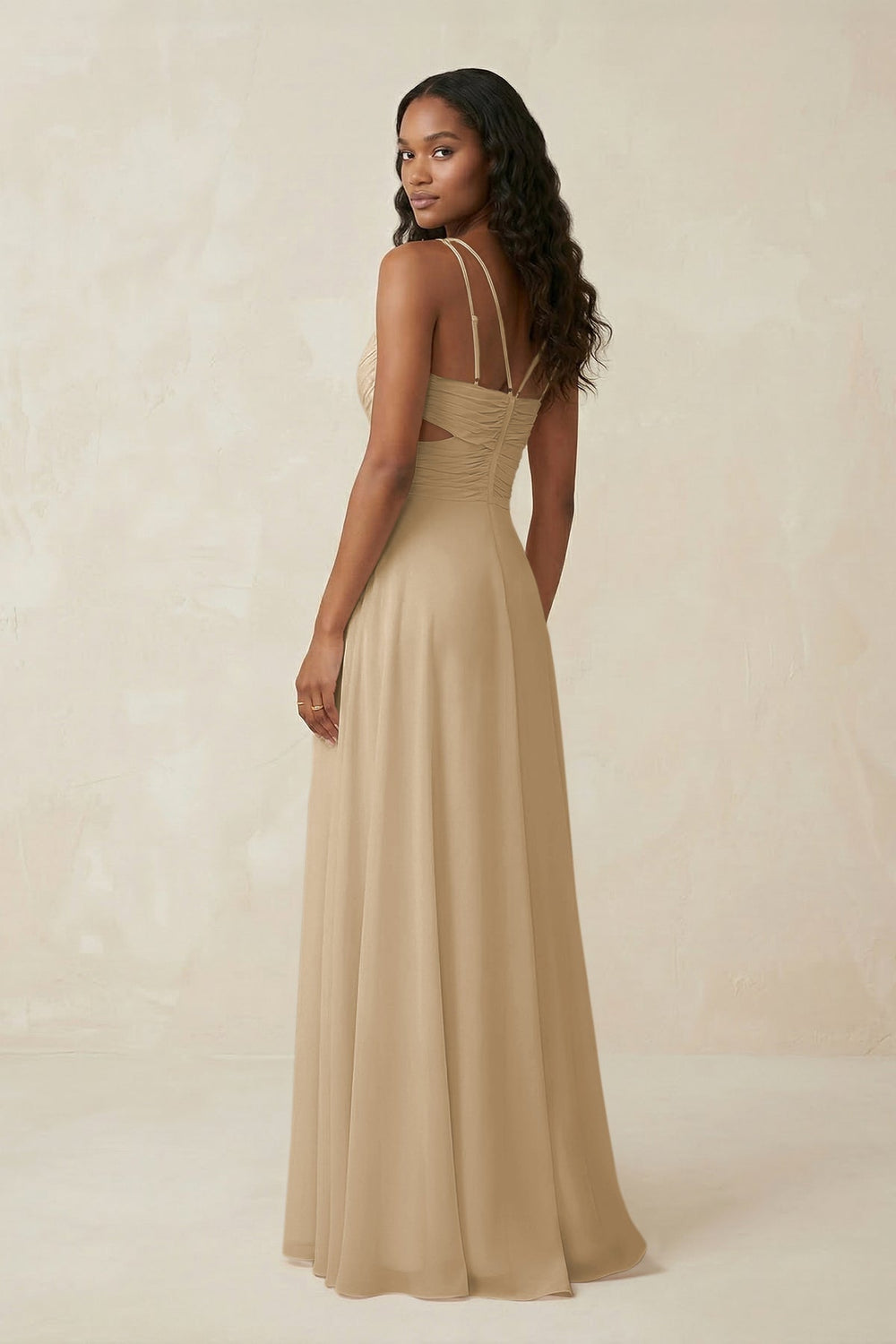V-Neck Chiffon A-Line Cut-Out Bridesmaid Dress in Champagne