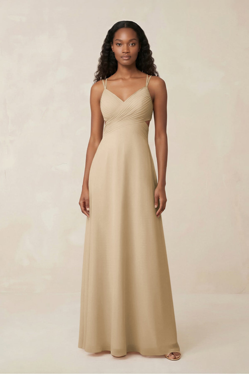 V-Neck Chiffon A-Line Cut-Out Bridesmaid Dress in Champagne