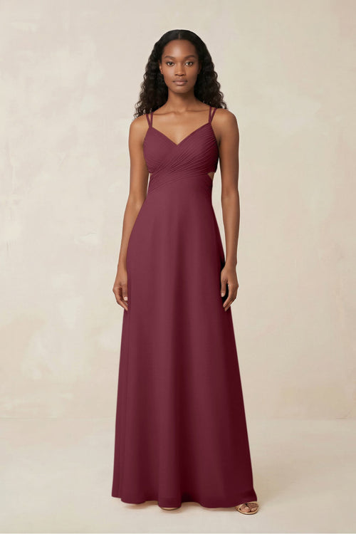 V-Neck Chiffon A-Line Cut-Out Bridesmaid Dress in Desert Rose | KISSBRIDAL