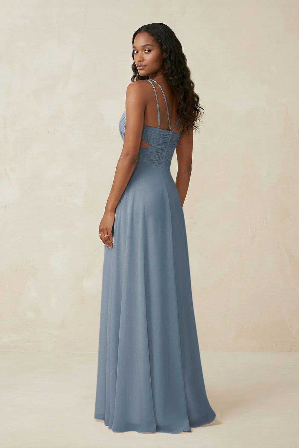 V-Neck Chiffon A-Line Cut-Out Bridesmaid Dress in Dusty Blue