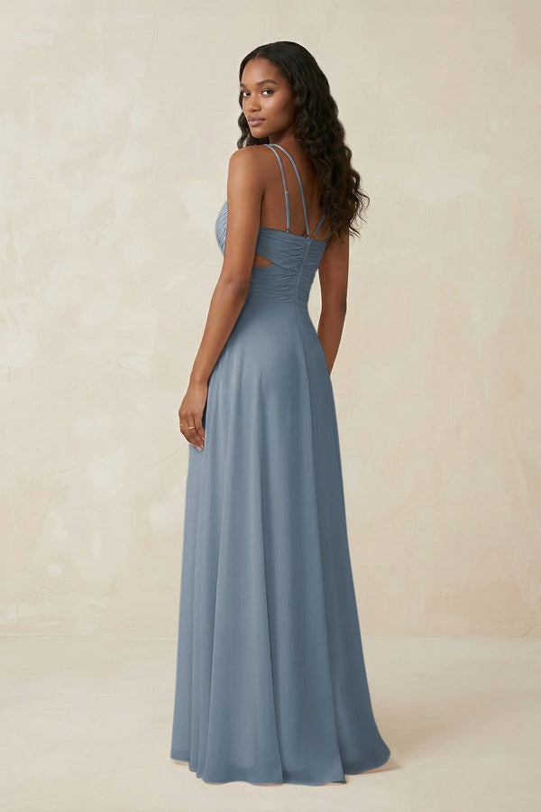 V-Neck Chiffon A-Line Cut-Out Bridesmaid Dress in Dusty Blue (2) | KISSBRIDAL