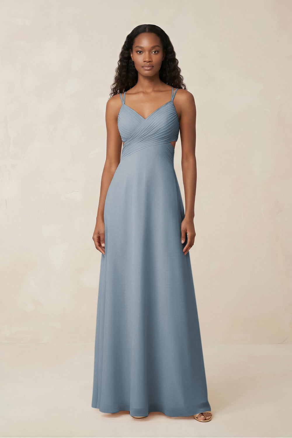 V-Neck Chiffon A-Line Cut-Out Bridesmaid Dress in Dusty Blue