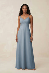V-Neck Chiffon A-Line Cut-Out Bridesmaid Dress in Dusty Blue | KISSBRIDAL