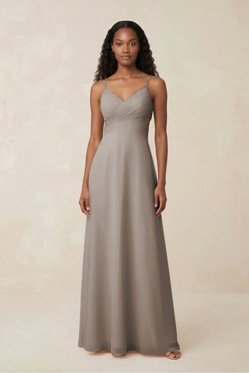 V-Neck Chiffon A-Line Cut-Out Bridesmaid Dress in Frost | KISSBRIDAL